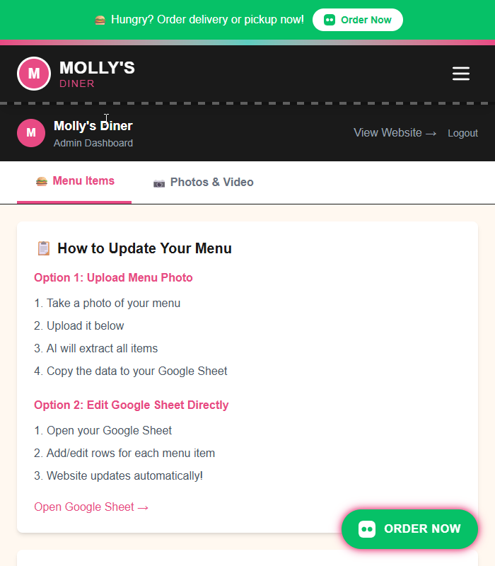 AI-powered admin panel showing menu updates